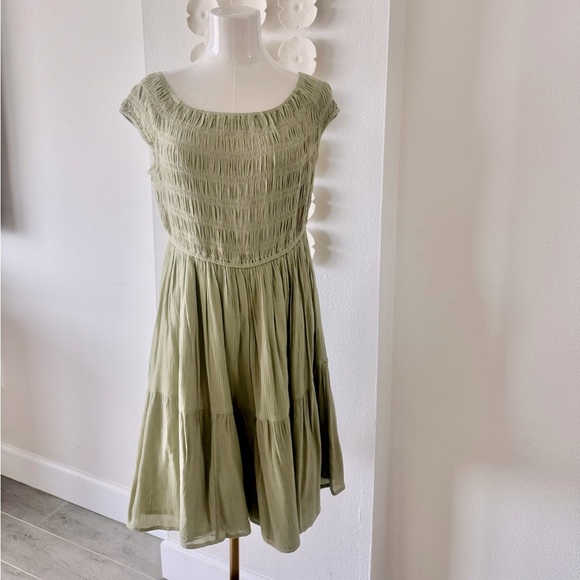 OAK + FORT Dresses & Skirts - Oak and Fort Sage Green Gauze Dress – Size L – Off Shoulder Vacation Style